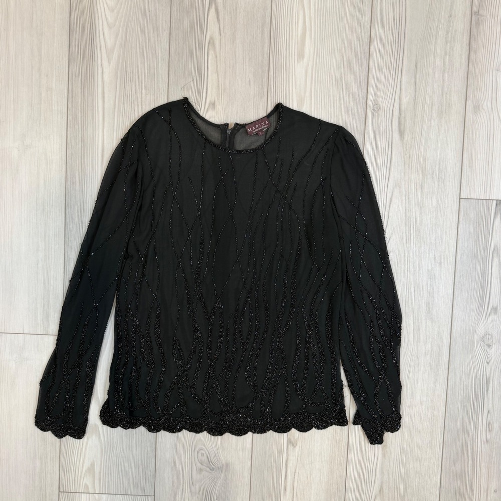 Marina by Marina Bresler Black Beaded Sheer Long Sleeve Blouse Top Large